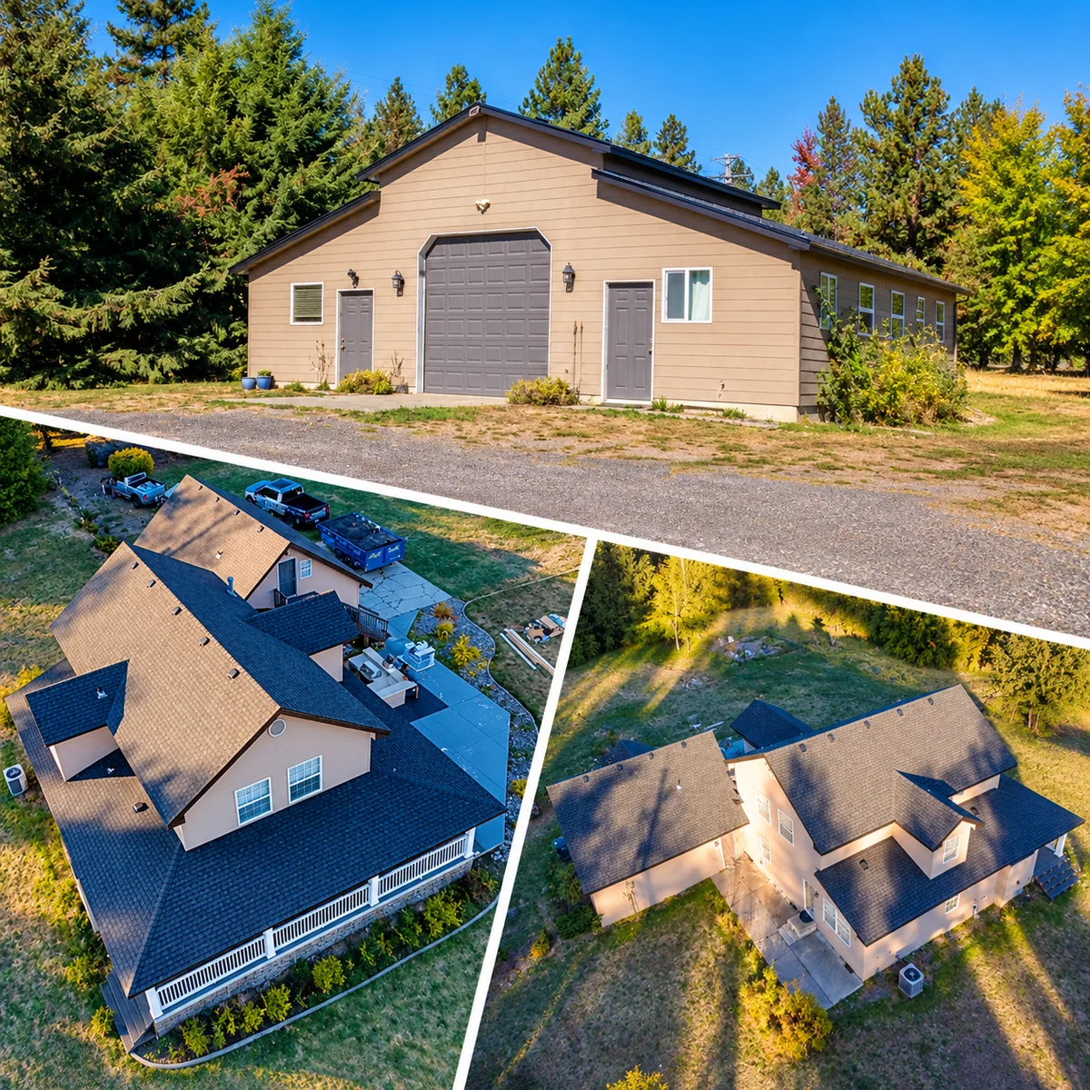 New GAF Timberline shingle roofs on a home and detached shop - DG Contracting project collage