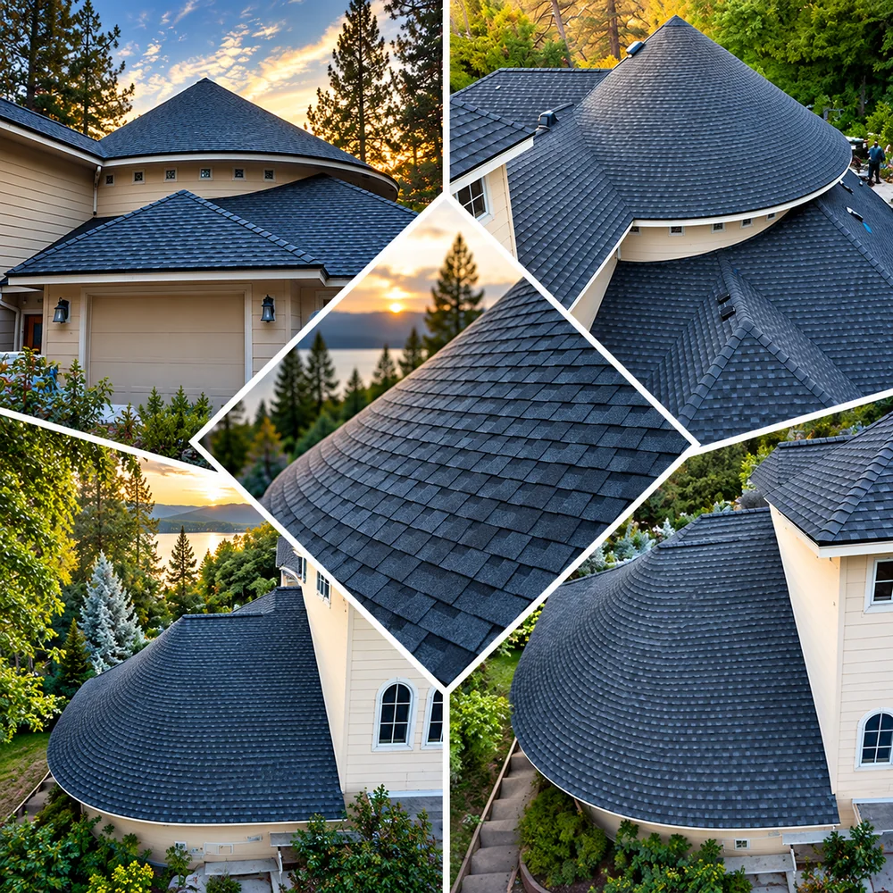 Custom turret roof finished in charcoal architectural shingles - DG Contracting project collage